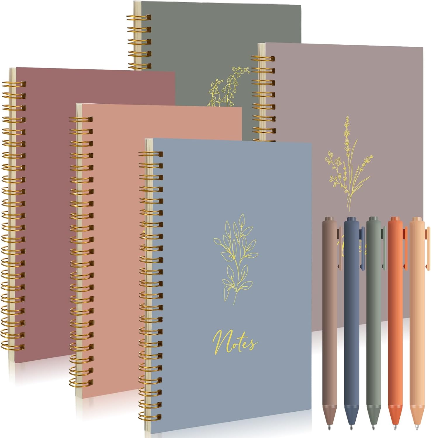 Gueevin 5 Pcs Spiral Notebook with 5 Pcs Ballpoint Pens A5 Cute College Ruled 160 Pages/ 80 Aesthetic Notebook for Work Students School Office Supplies(Morandi Color,Note)