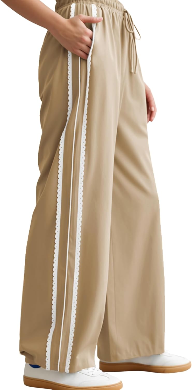 Yeokou Women's Wide Leg Sweatpants Side Stripe Crochet Slip on Drawstring Casual Running Track Palazzo Pants with Pockets