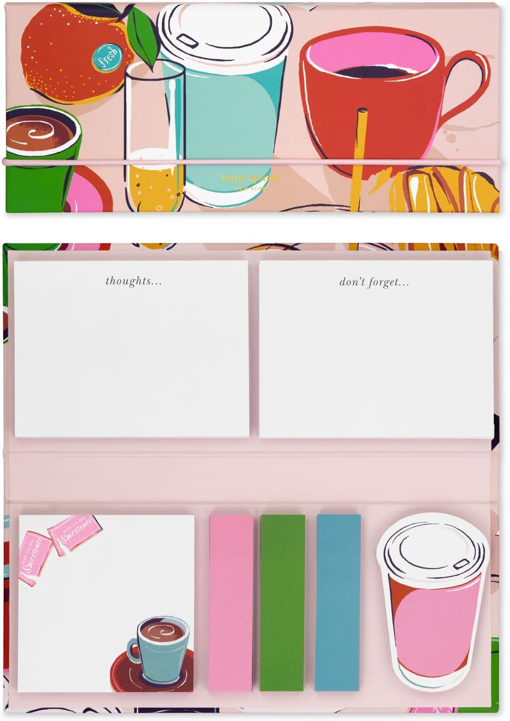kate spade new york Sticky Note Folio Set of 7, Rise and Shine | Padfolio with Small Assorted Adhesive Note Sheets with 75 Pages Each, Cute Stationery for Studying and To-Dos