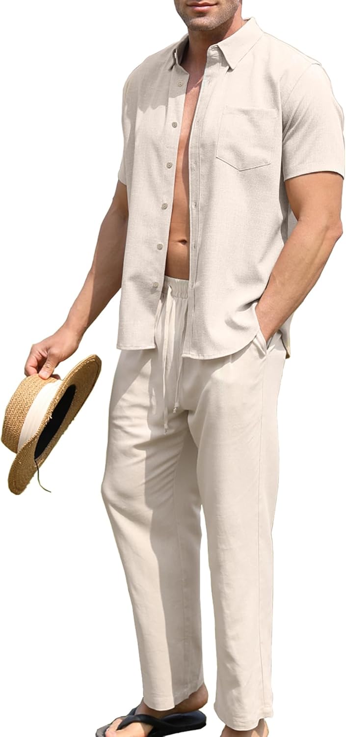 URRU Men’s 2 Piece Linen Outfit Summer Beach Short Sleeve Button Down Shirt and Pants Set