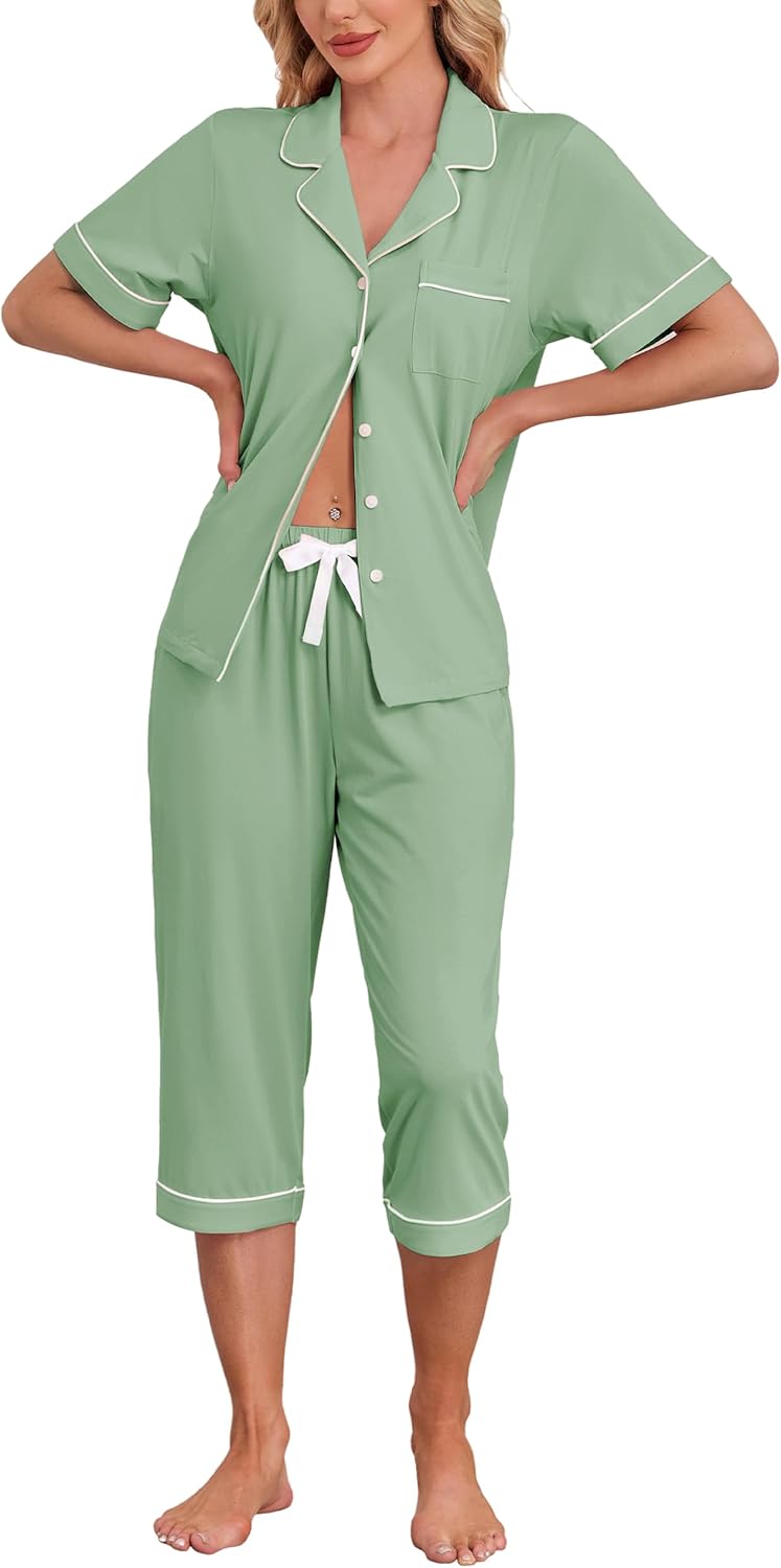 ANLIQI Womens Cotton Pajamas Set Modal Short Sleeve Capri Summer Pajama Soft Comfy Button Down 2 Piece Pj Set Sleepwear S-2XL
