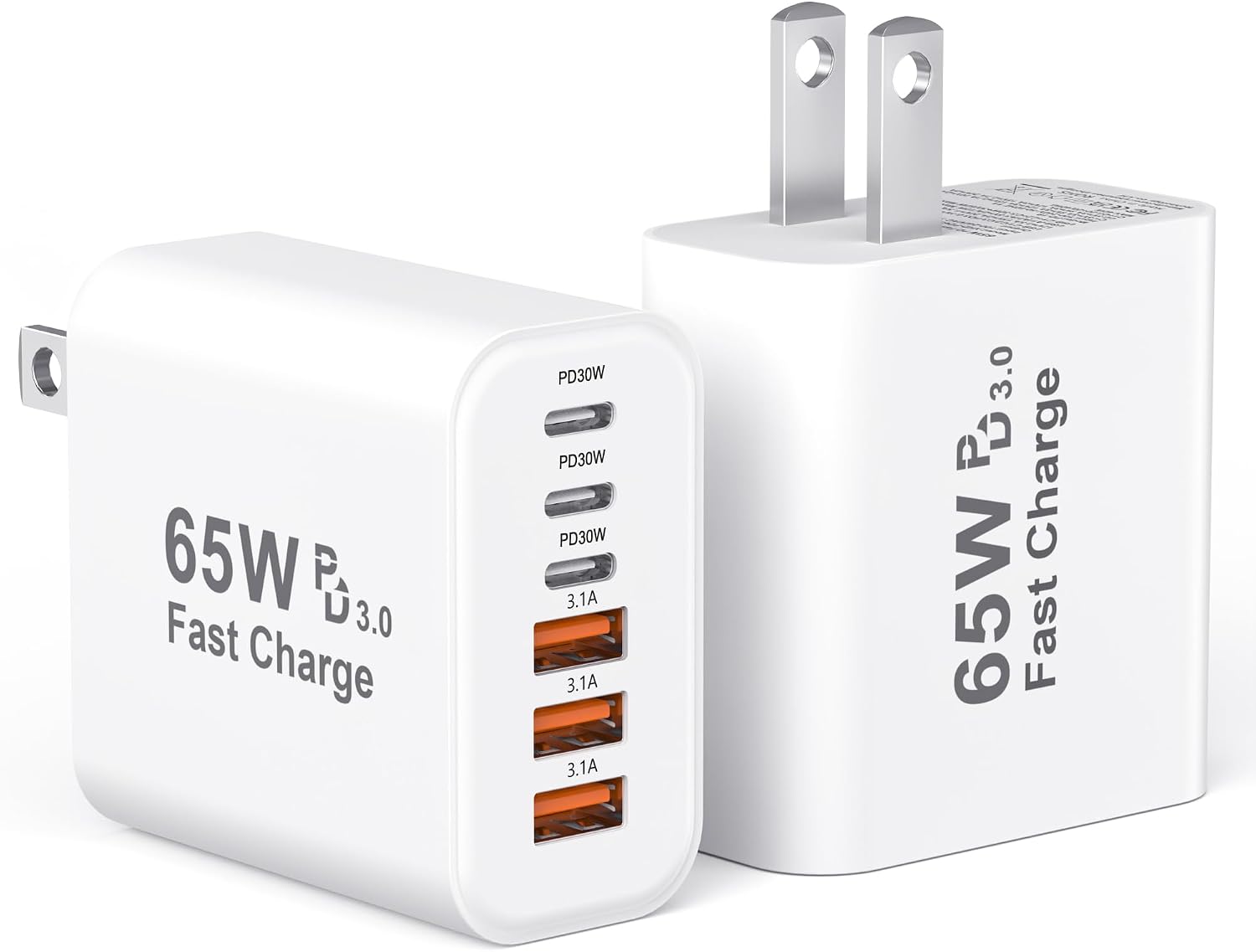USB C Charger Block, 2 Pack 65W 6-Port USBC Charging Wall Plug Cube Adapter | 65W Multiport Type C PD+QC Plug Brick Power Adapter for iPhone 17 16 15 14 13 Pro Max,Galaxy S26 S25 Ultra,iPad Pro/Air/Mi