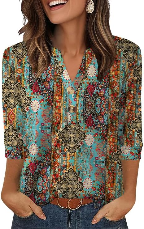 OFEEFAN Womens Tops 3/4 Sleeve Henley Shirts for Women Summer Outfits Fashion Clothing