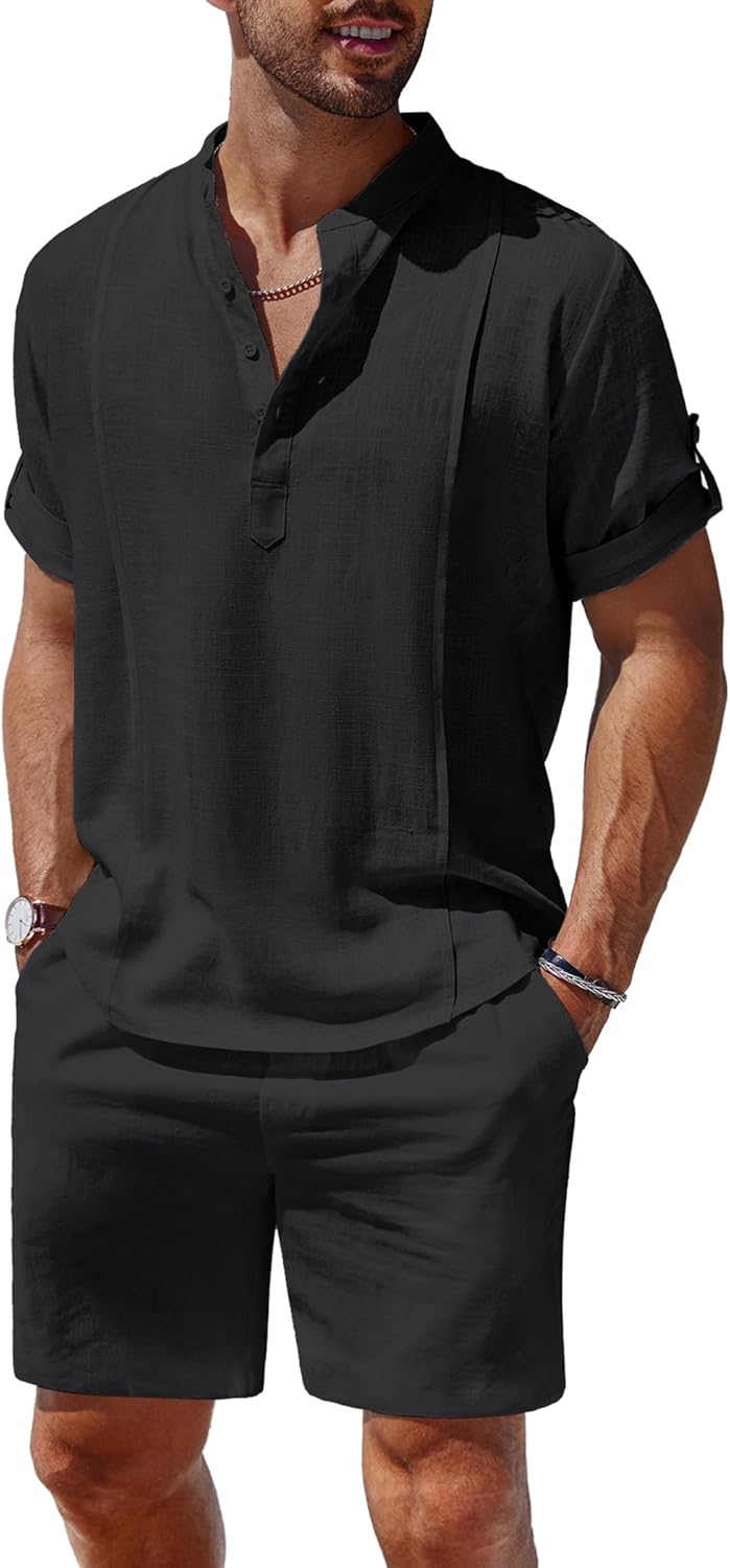 COOFANDY Men's 2 Pieces Linen Set Henley Shirt Short Sleeve and Shorts Summer Beach Yoga Matching Outfits