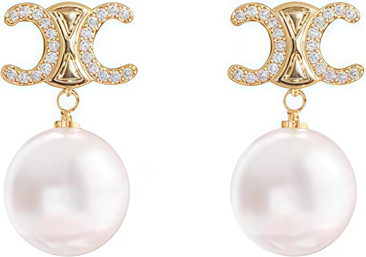 Women’s Designer Earrings,Designer inspired jewelry,Luxury 18K Gold-Tone Crystal Embellished Drop Earrings with White Pearl Pendant,Elegant Letter Design, Non-Allergenic,Fashion Jewelry for Party, Wed