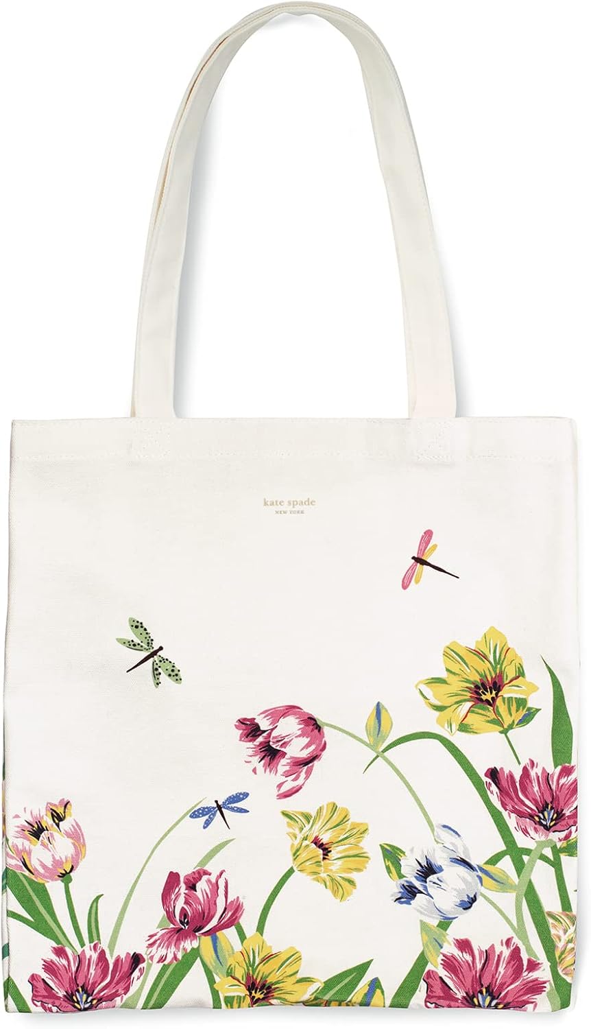 kate spade new york Canvas Tote Bag, Dragonflies and Tulips | Cute Pattern Carryall Bag for Women, Lightweight Shoulder Bag with Interior Pocket for Books, Beach, Shopping, and On-the-Go