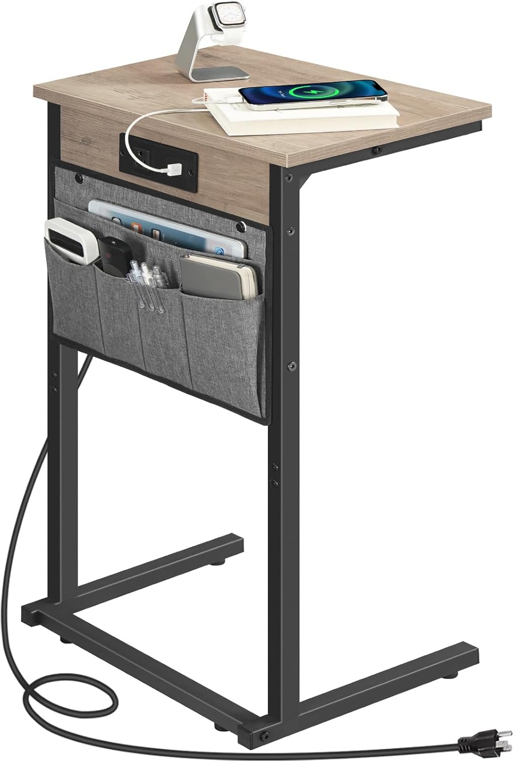 HOOBRO C Shaped End Table with Charging Station, 28" H Couch Side Table Slide Under, Sofa Arm Tray Table with Storage Bag for Living Room, Recliner, Greige BG70USF01