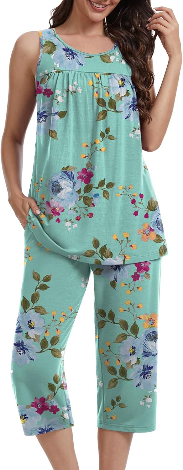 Women's Pajama Sets 2 Piece Summer Pj Set Sleeveless Tank Top and Capri Pant Lounge Sleepwear Outfits with Pockets