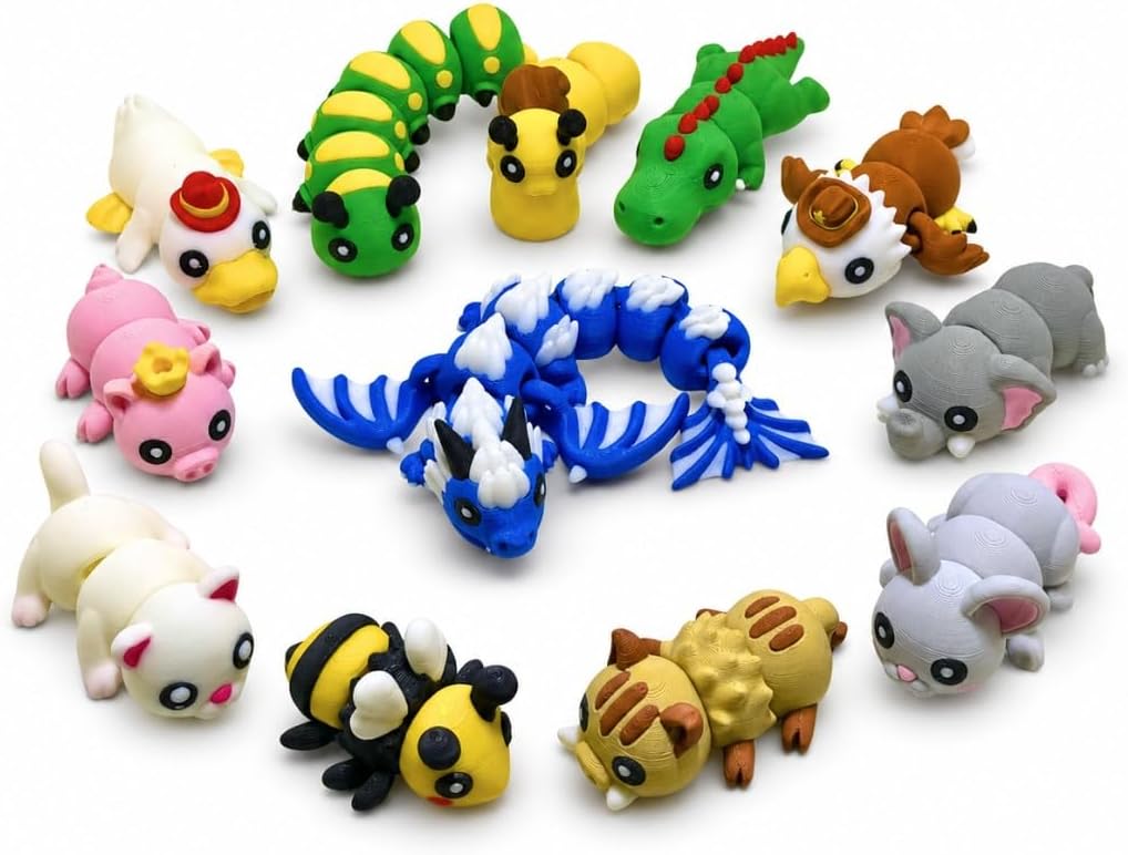 Cute Flexi Toys, 12-Piece 3D Printed Articulated Animal Set, Colorful Flexible Fidget Figures for Play, Display and Gifts