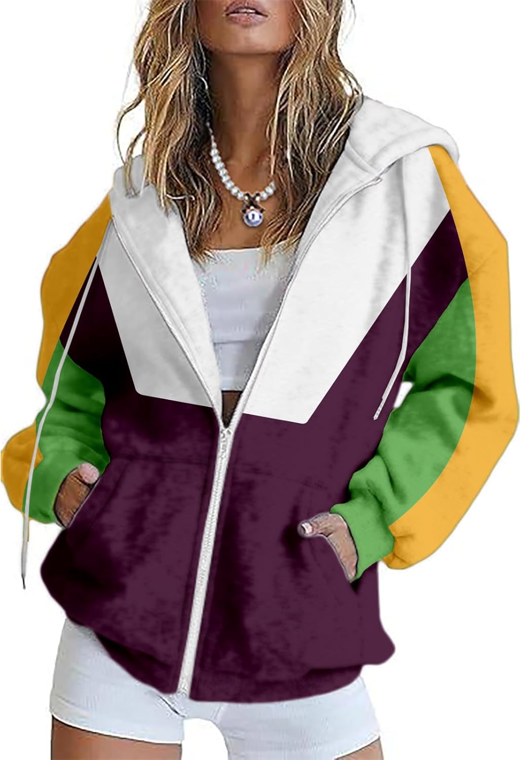 MARSVOVO Mardi Gras Sweatshirts for Women Full Zipper Long Sleeve Tuesday Shirt Vintage Vneck Carnival Outfit for Party
