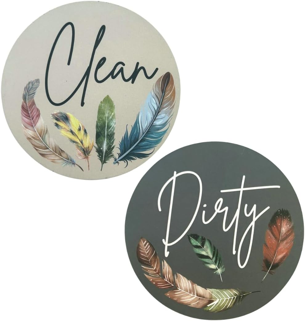 Clean or Dirty Dishwasher Magnet - Large 3.5” Flip Sign for Kitchen Organization - Elegant Feather Design, Includes Adhesive Plate for All Surface Types