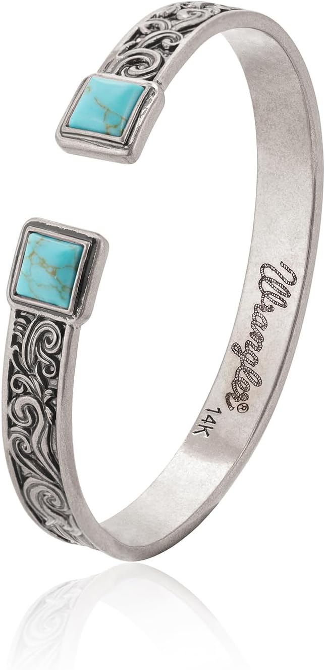 Montana West Wrangler Cuff Bracelet for Women Western Turquoise Adjustable Open Bangle Silver Plated Carved Floral Cowgirl Country Jewelry
