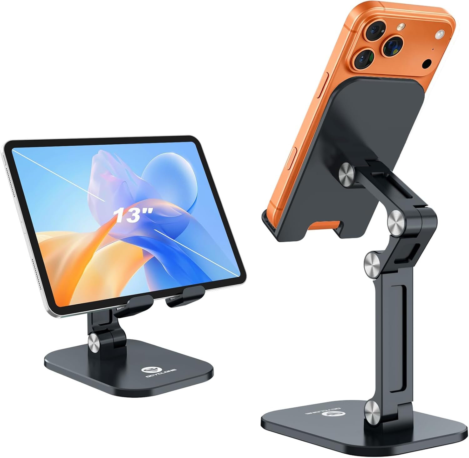 Phone Stand, Foldable Cell Phone Stand Holder for Desk Office Accessories Adjustable Height and Angle iPhone Stand Compatible with 4"-13" Phones iPad Tablet - Black