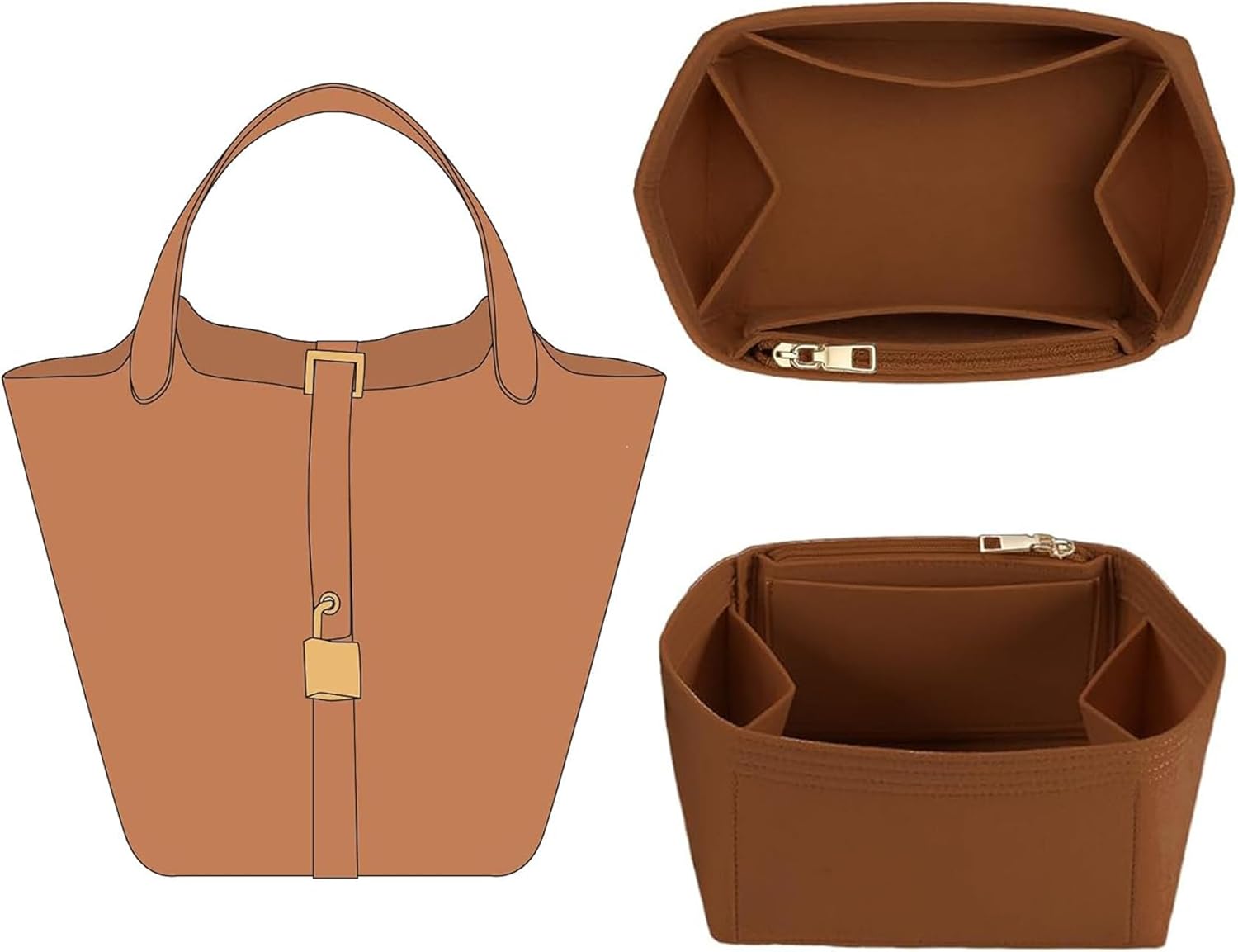Purse Organizer Insert for Hermes Picotin, Lightweight Storage Divider for Luxury Handbag with 5 Pockets, Premium Felt Large Capacity Bag Shaper(Picotin 22/ Gold-Brown)
