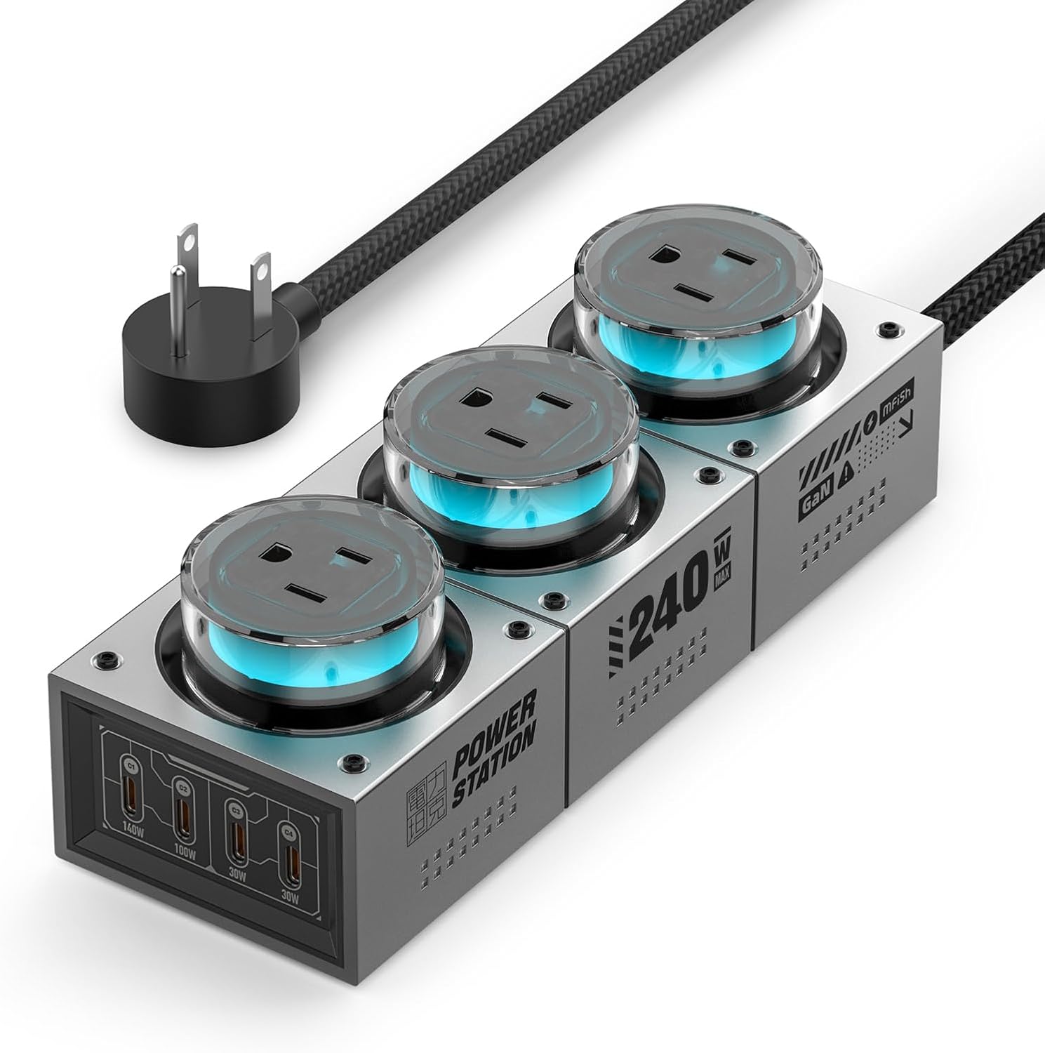 E-Tank 7-in-1 Desktop Charging Station, 240W Max GaN USB-C Charger | 3 AC Outlets, 4 USB-C Ports, 240W Shared USB-C Output, 140W PD 3.1 Fast Charging, Smart Power Sharing, RGB Lighting
