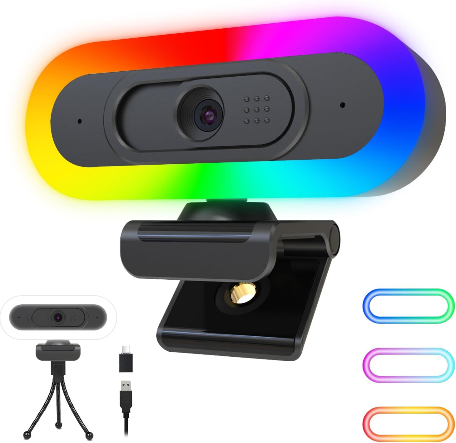 ToLuLu 2K Streaming Webcam Web Cam, LED RGB Webcam with Microphone & Light | Autofocus Computer Camera with Cover and Tripod, Plug-Play USB Web cam for PC Desktop/MacBook Gaming Video Calling