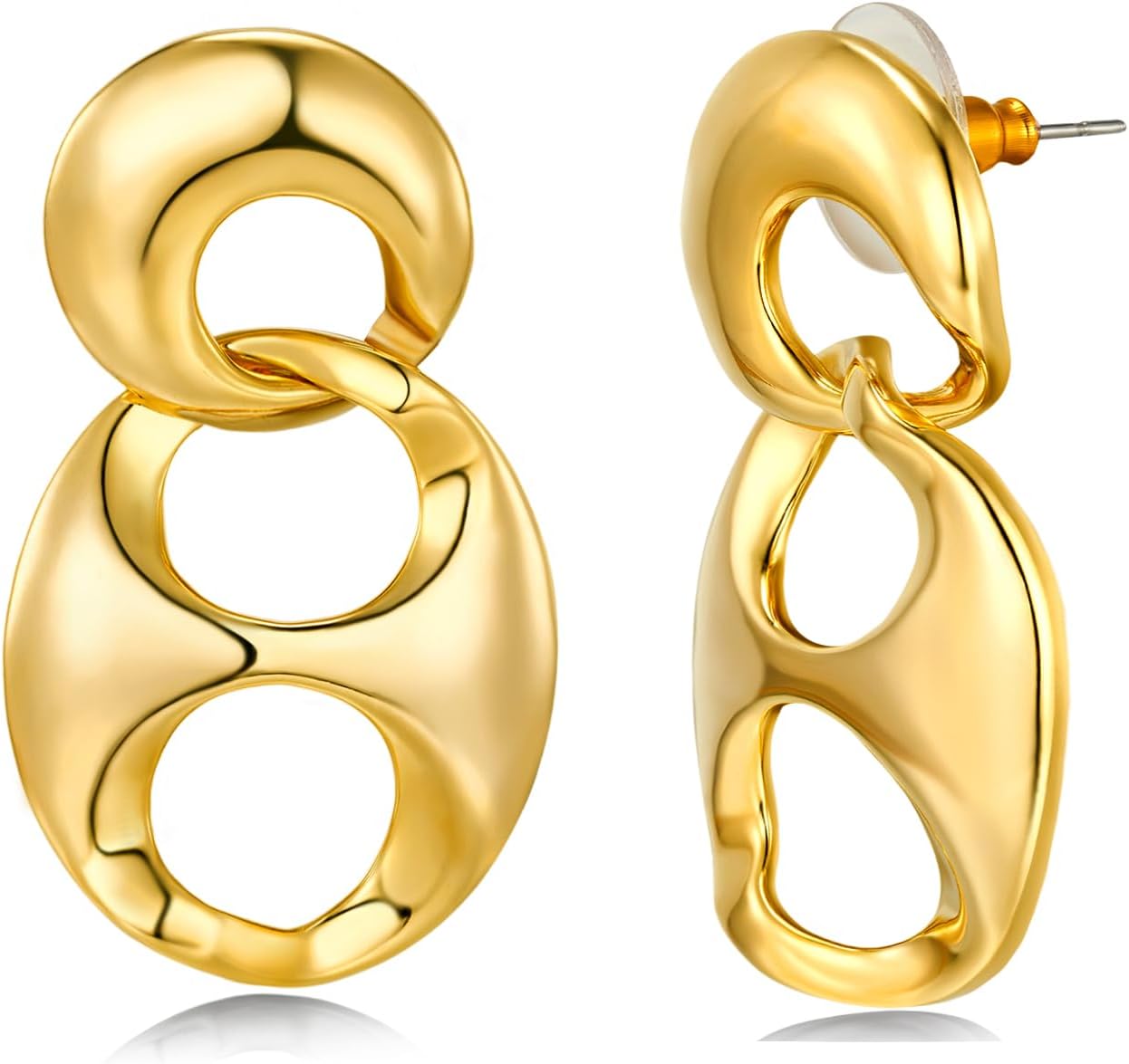 18K gold plated Big Bold Double Interlock Flat Round Oval Hoop Statement Drop Earrings for Women by SNGIA, Large Irregular Twist Chunky Handmade Formal Trendy Summer Jewelry Gifts, Woven Circle Disc C
