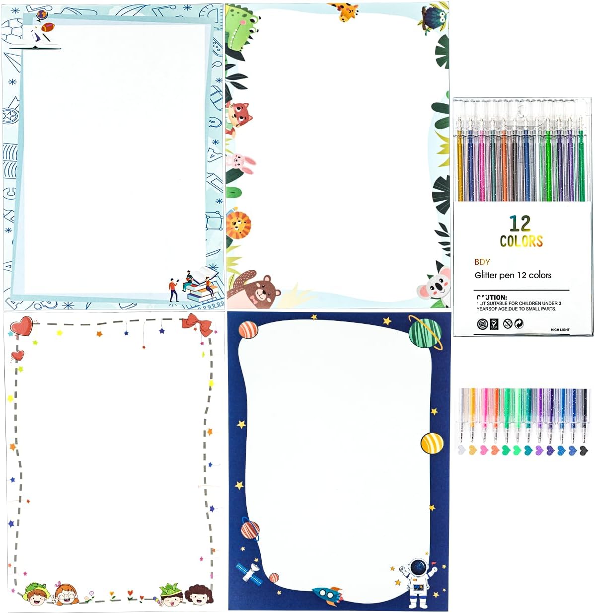 52PCS A4 Letter Writing Stationery Set — 40 Sheets Cartoon Printed Letter Paper (4 Styles) + 12 Glitter Gel Pens, Cute Design Patterned Stationary Kit for Pen Pals(Cartoon printing 52Pcs Set)