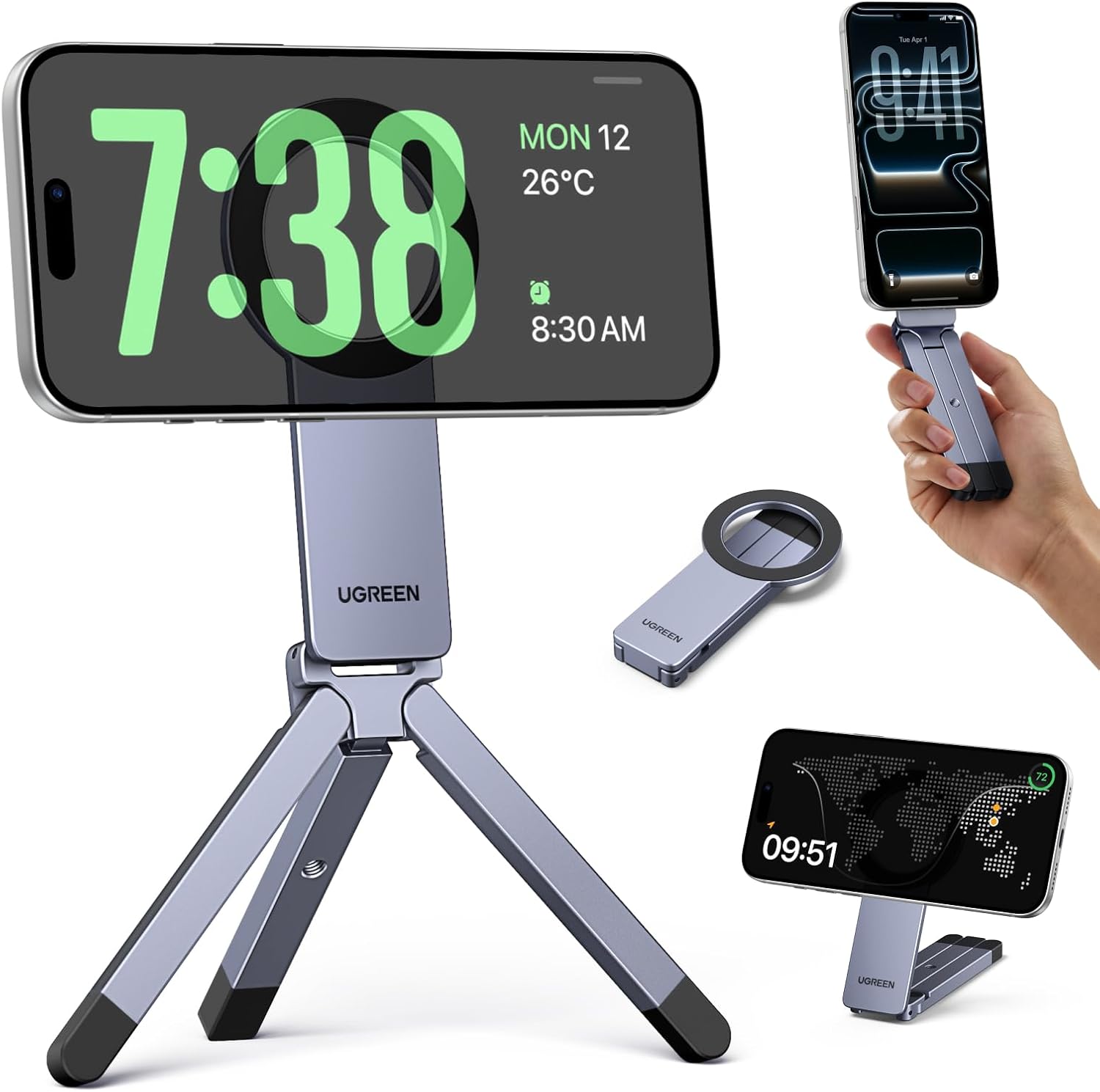 UGREEN Magsafe Tripod Stand, Ultra-Compact Travel Tripod for iPhone 17 | Aluminum Construction for Stablility, Portable Travel Tripod with 1/4 screw, Compatible with iPhone 17 16 15 14 13 12 Series