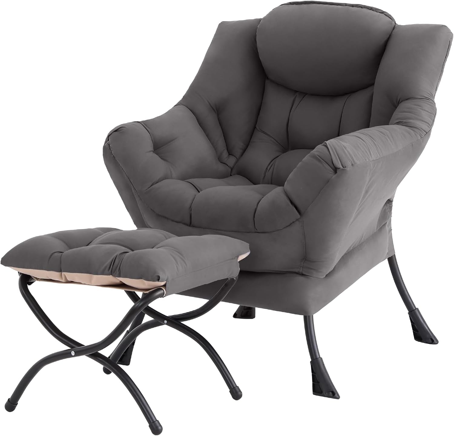 Lazy Chair with Ottoman, Comfy Reading Accent Chair, Dark Grey | Foldable Footrest, Padded Seat and Backrest, Side Pocket for Lounging in Living Rooms, Bedrooms, Dorms and Small Spaces