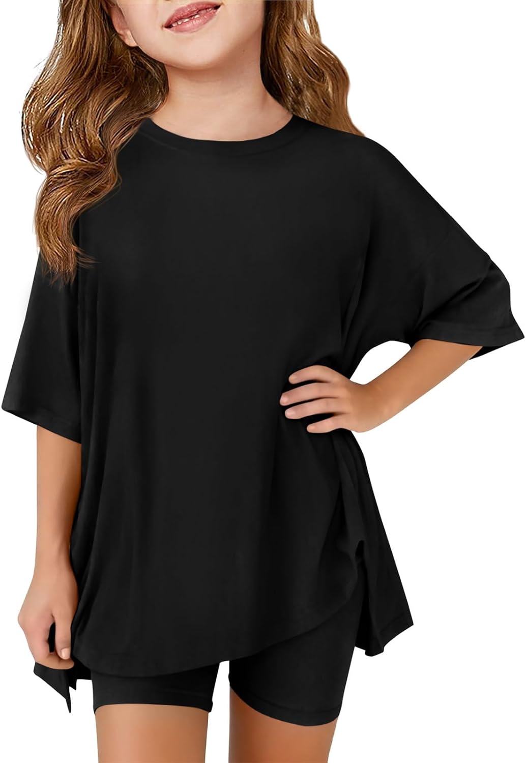 Haloumoning Girls Summer Lounge Set Oversized 2 Piece Clothing Sets | Side Split ,summer outfits for girls,short set,2 Piece Outfits, Shirts and Biker Shorts
