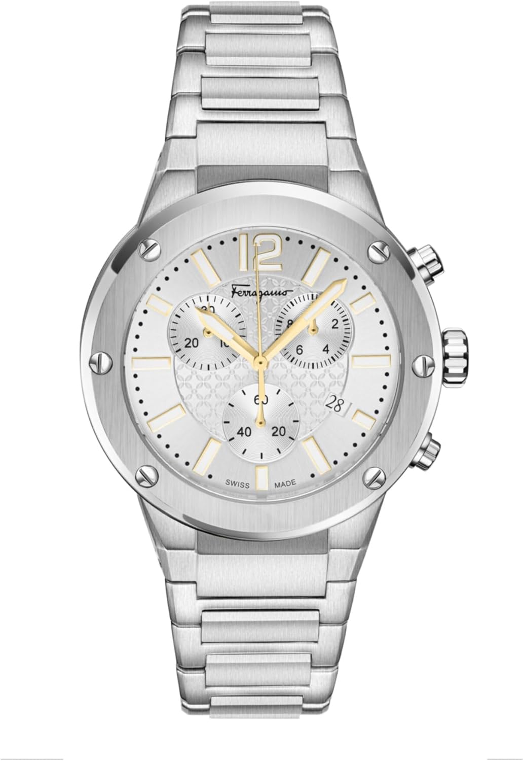 Ferragamo F-80 Chrono Collection Luxury Mens Watch Timepieces with a Silver Bracelet and Dial Featuring a Stainless Steel Case