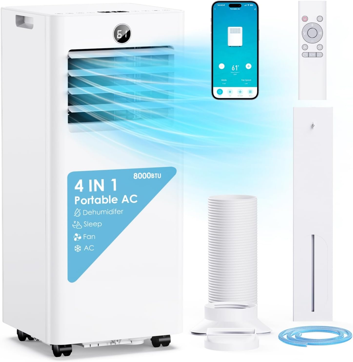 Portable Air Conditioners 8,000 BTU, Quiet Air Conditioner Unit with WiFi/App Control, Dry, Fan, Cool, Sleep Modes 4-IN-1 AC Unit for Room with Window Kit, 24H Timer, Ideal for Bedroom/Office/Dorms