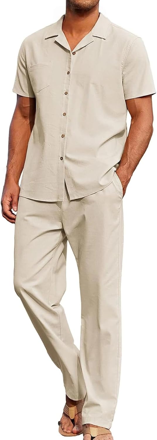 Men's 2 Piece Outfits Casual Beach Short Sleeve Button Down Shirts Loose Pant Sets Summer Vacation Walking Outfits