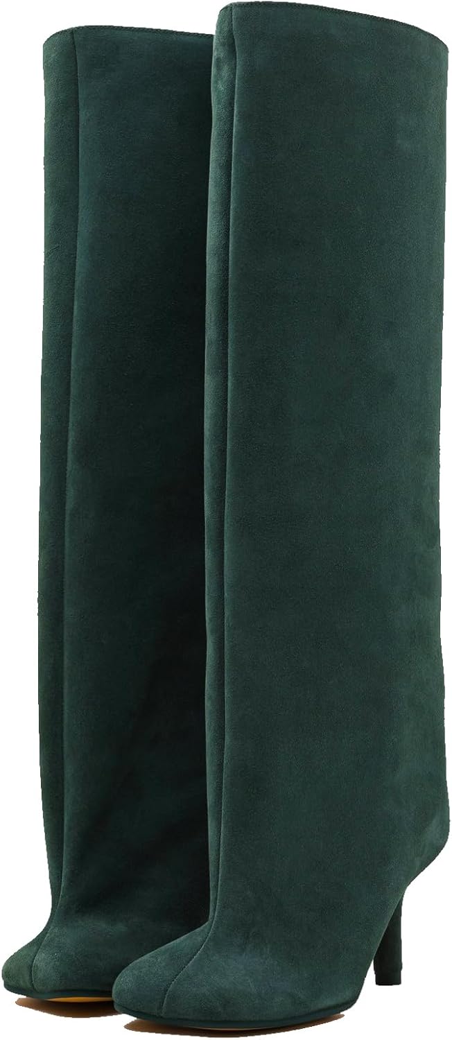 Women's Knee High Suede Boots for Women Wide Calf Square Toe Stiletto Heels Tall Boots Pull On High Heel Long Booties