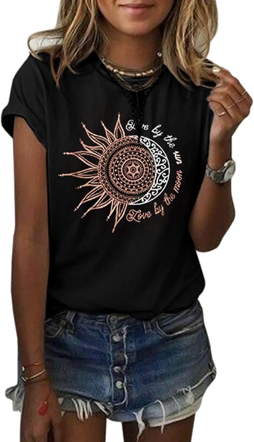 MaQiYa Womens Graphic Tees Summer Vintage Short Sleeve Cotton T Shirts Tops | Moon and Sun Print, Crew Neck, Cute, Basic, Casual