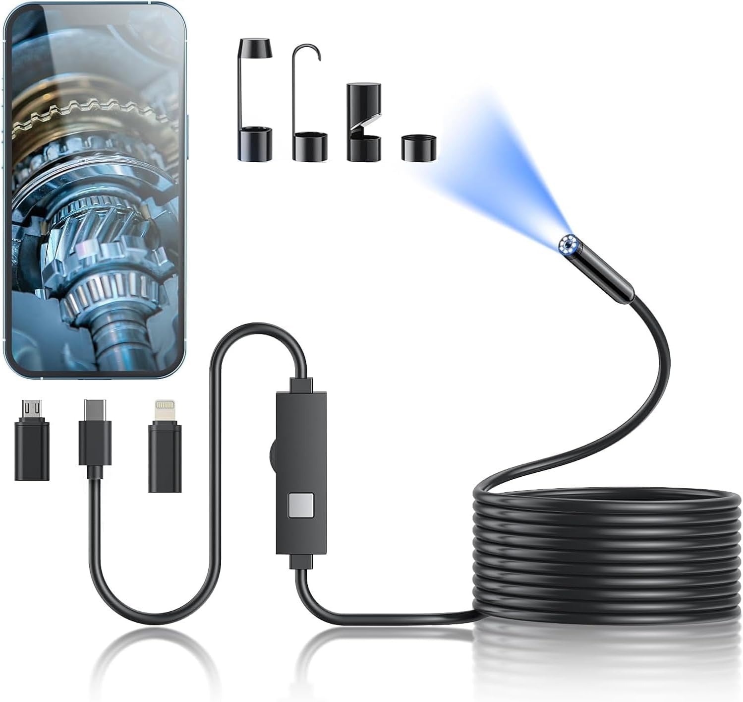 Endoscope Camera with Light,1920P HD Borescope Tools with 8 Adjustable LED Lights, Endoscope with Semi-Rigid Snake Camera, Inspection Borescope for iOS and Android-16.4ft Single Lens