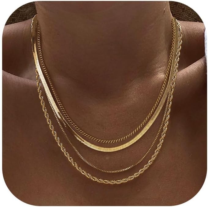 Tewiky Layered Necklaces for Women Non Tarnish- Chunky 14k Gold Plated Herringbone/Snake/Rope/Box/Cuban Link Chain for Women Waterproof Layering Stack Choker Necklace Trendy Dainty Tarnish Free Jewelr