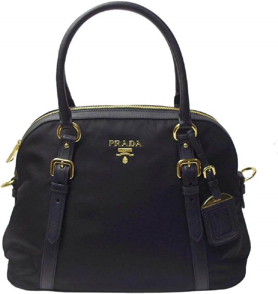 Prada Womens Tessuto Nylon Saffiano Leather Black Handbag 1BB013 | Detachable luggage tag Interior zipper pocket Protective metal feet Dust bag and Authenticity cards included