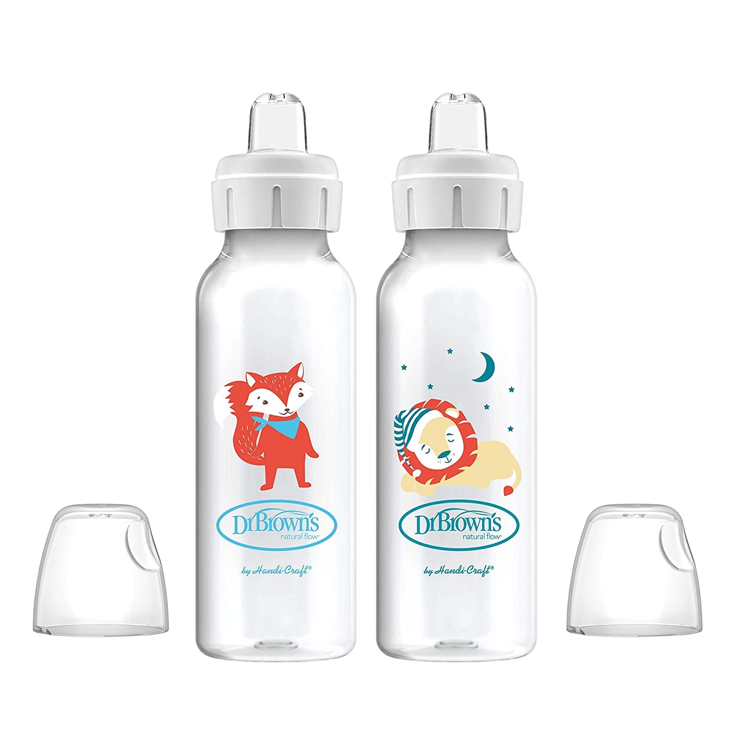 Dr. Brown's Milestones Narrow Sippy Bottle, 100% Silicone Soft Sippy Spout, 8oz/250mL, 6m+, Fox & Lion, 2 Pack