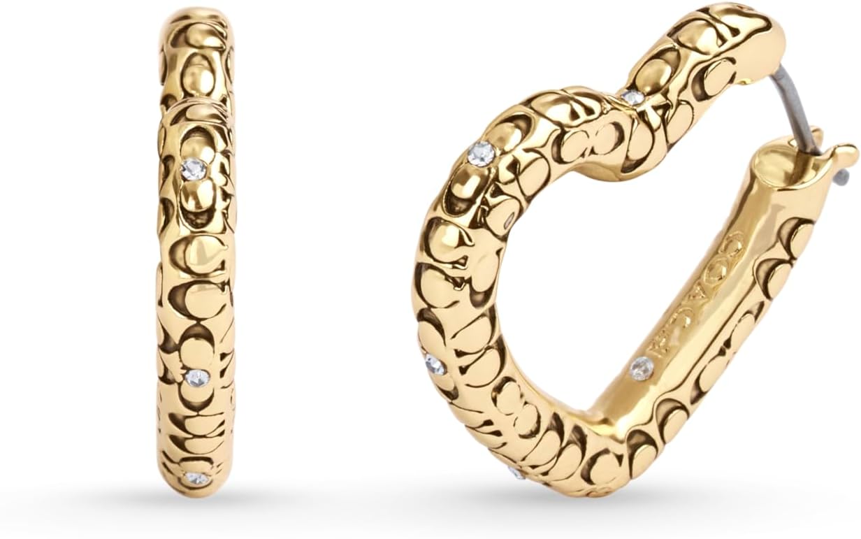 COACH, Women's, Signature Quilted Heart Hoop Earrings, Crystal/Gold, One Size