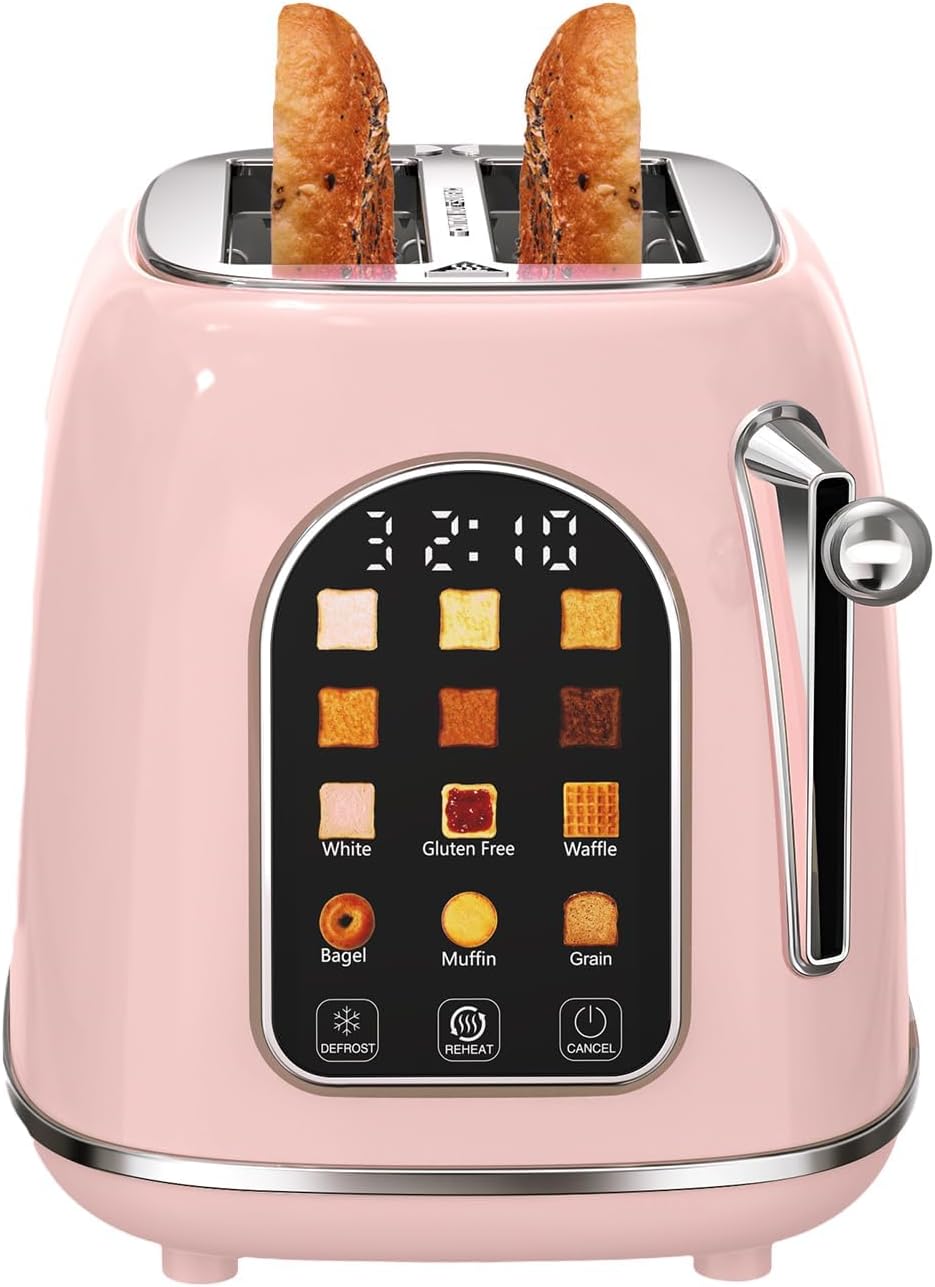 Mecity Toaster 2 Slice, Touch Screen Wide Slot Retro Toaster For Breads Bagel Muffin Waffle, House Warming Gift New Home, 120V 825W, Pink Color