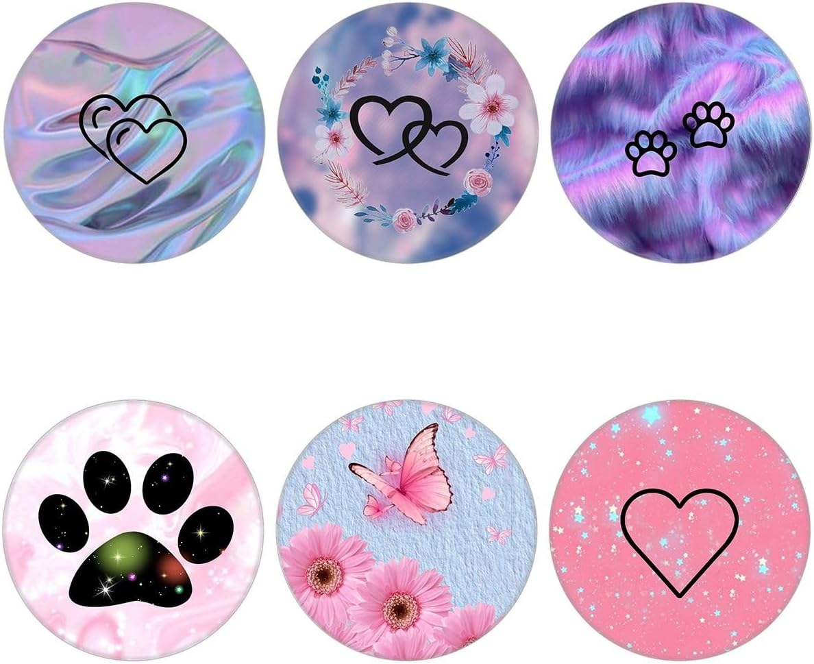 (6 Pack Cell Phone Grip,Phone Finger Foldable Holder Stand Compatible with iPhone - Purple Pink Heart Paw Print