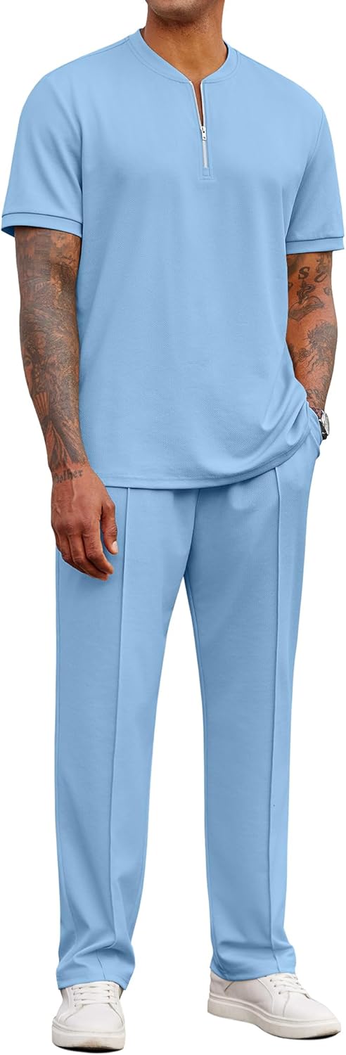 COOFANDY Men's 2 Pieces Outfits Casual Quarter Zip Polo Shirt and Jogging Pants Summer Tracksuits Set