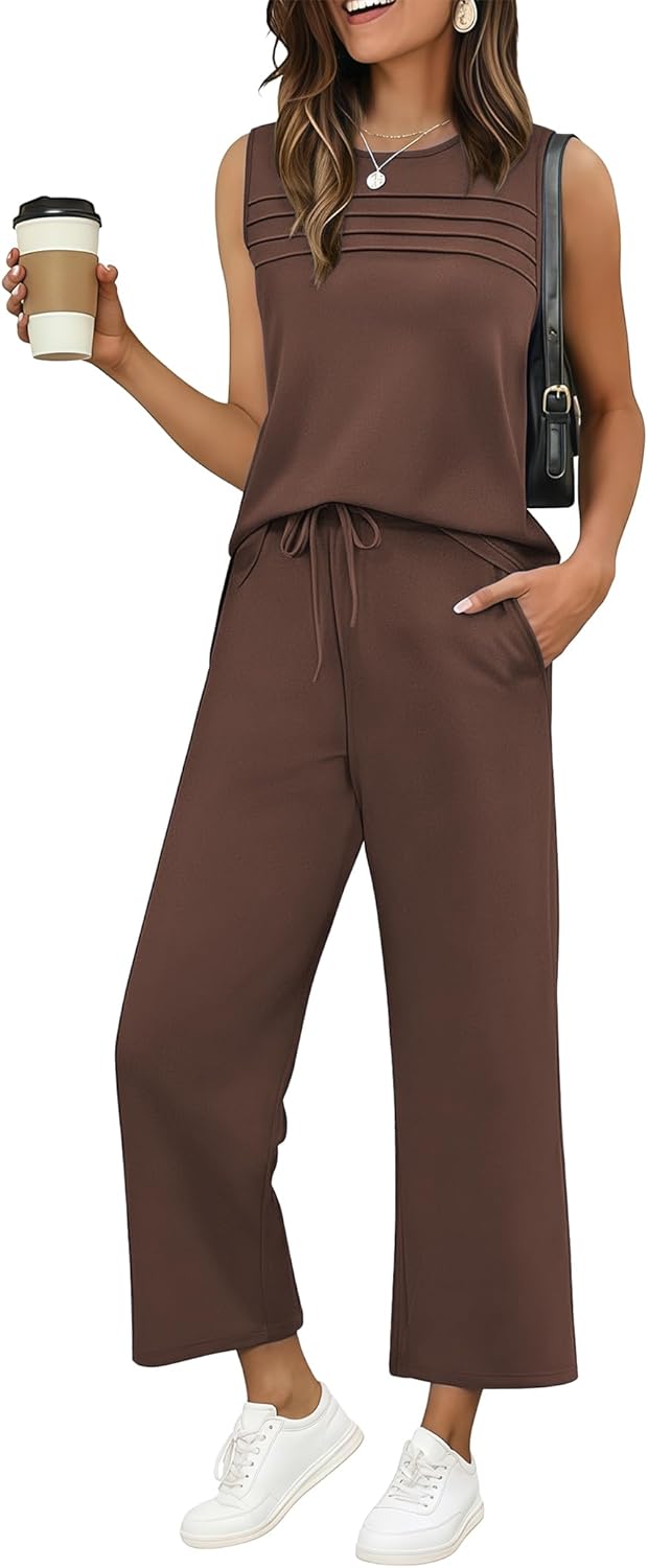 Ekouaer Womens Two Piece Lounge Sets for Summer Sleeveless Top Wide Leg Pants Matching Sets Airport Travel Outfit Red Small