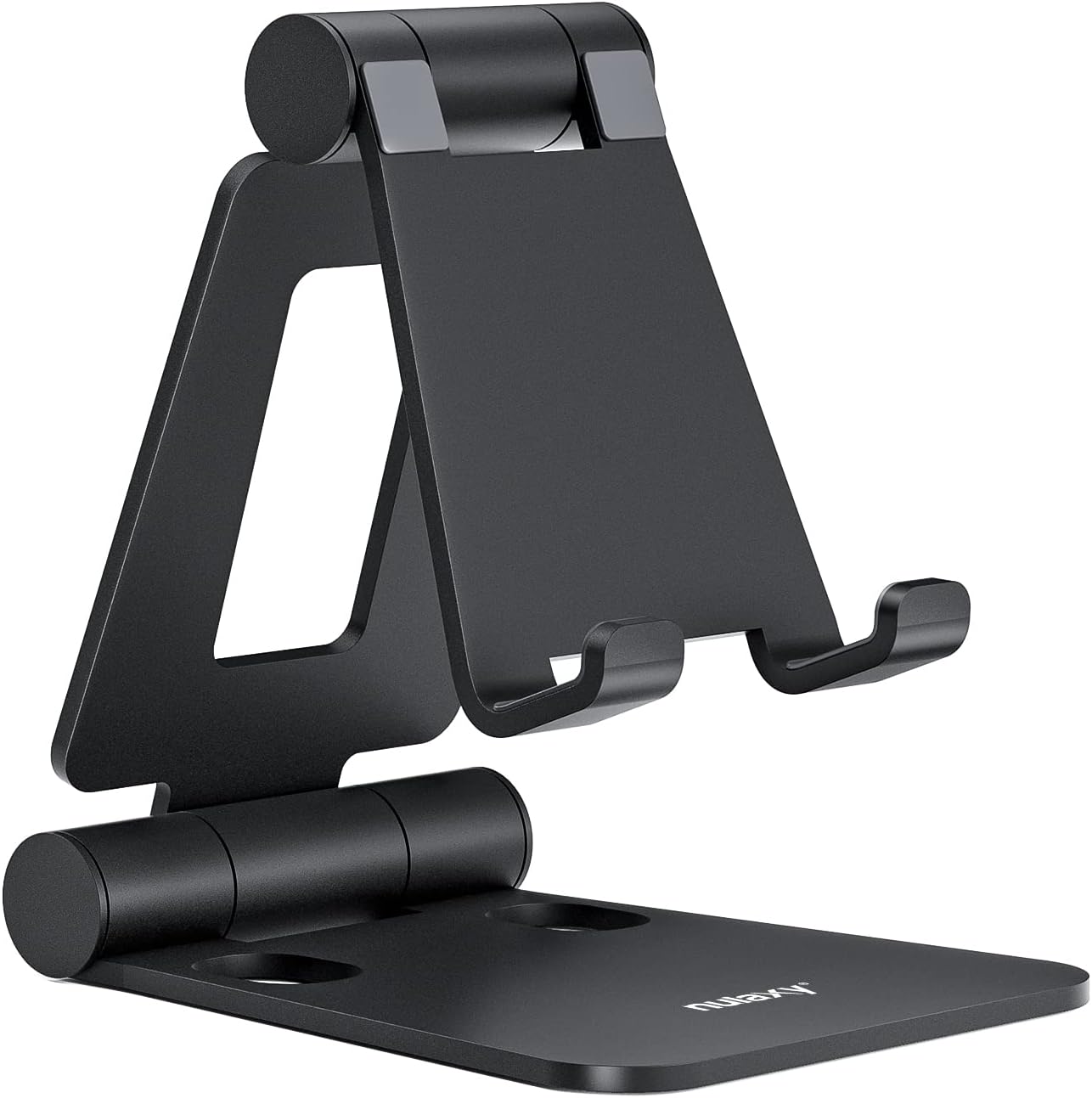 Nulaxy Full Aluminum Dual Folding Cell Phone Stand for Desk, Black | Height Angle Adjustable, Portable, Anti-Slip Base, Fits 18mm Thick Case Smartphone, Nintendo Switch Desk Essential Accessory