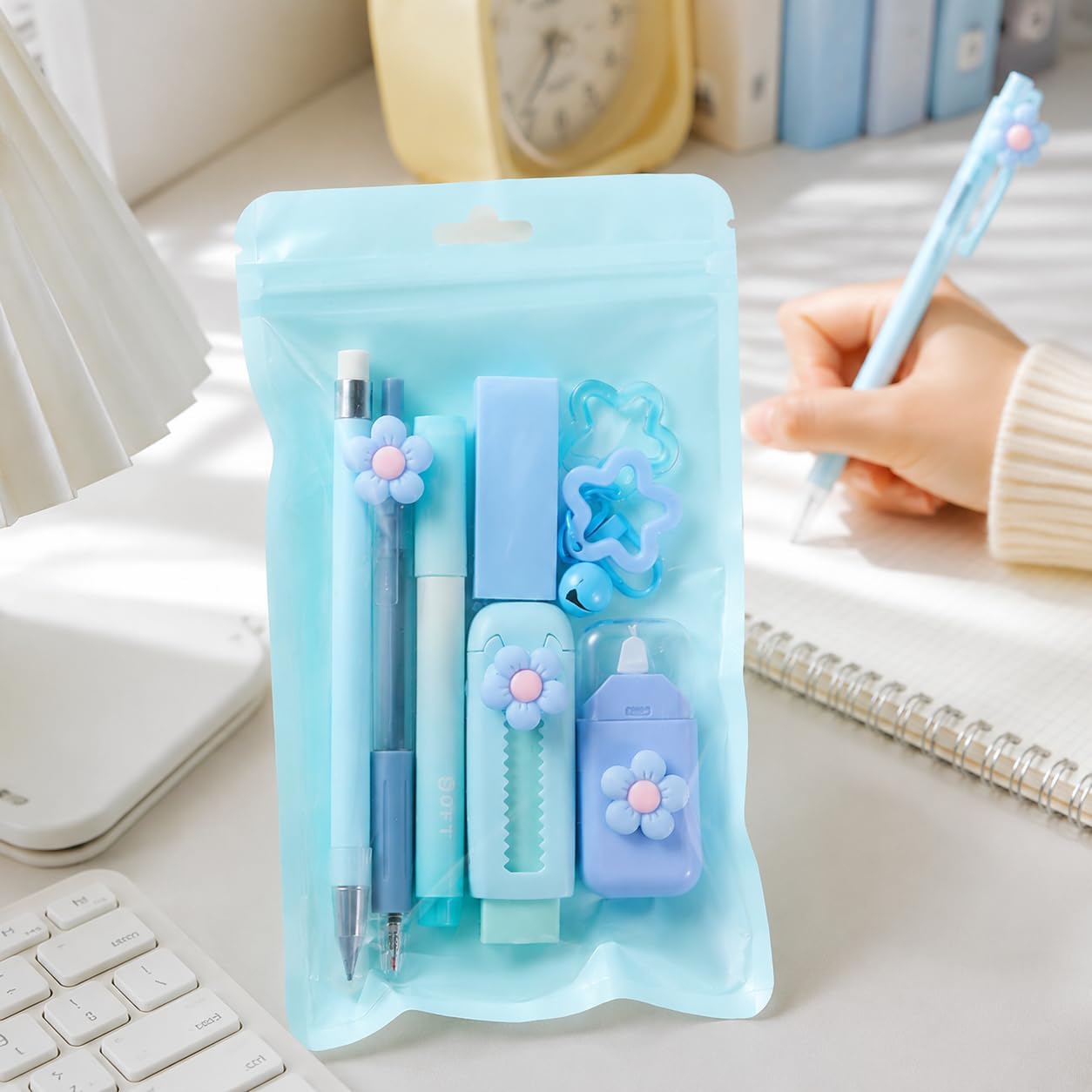 7-piece student stationery set featuring a fresh, minimalist floral pattern, perfect for school use (Blue)