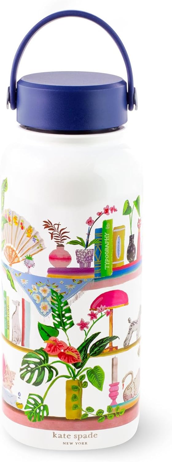 kate spade new york 33 oz Stainless Steel Water Bottle, Bookshelf | Double Wall Drink Cup with Screw on Lid and Holder Strap, Wide Opening for Easy Fill & Ice
