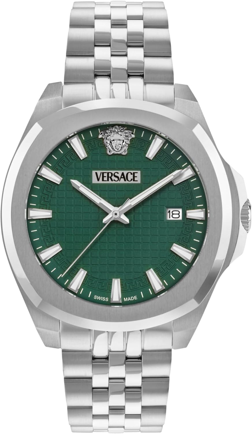 Versace Luxury Collection Luxury Mens Watch Timepieces with a Silver Bracelet Featuring a Stainless Steel Case and a Green Dial