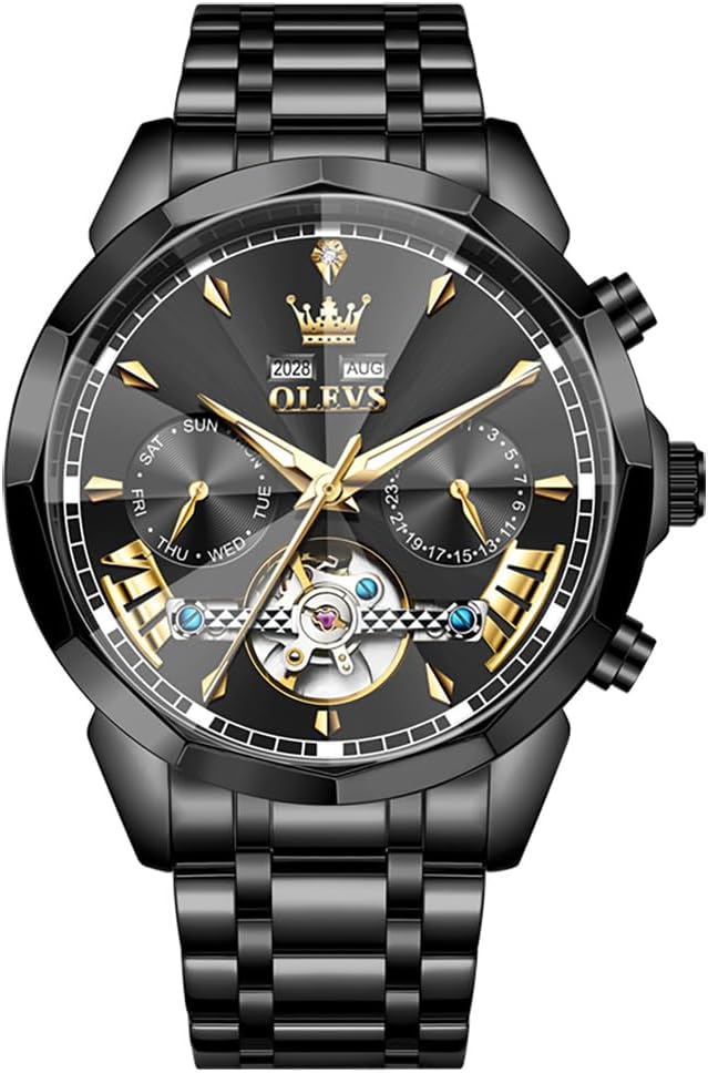 OLEVS Watch Men Luxury Automatic Self Winding Big Face Casual Mechanica Stainless Steel Dress Analog Tourbillon Watches for Men——(Black/Blue/Grey/Silver Face)