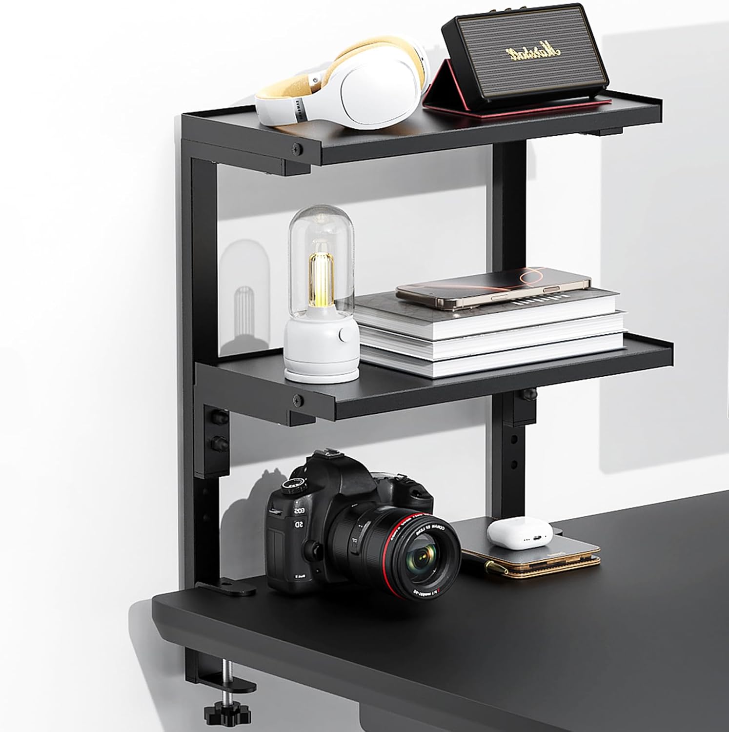 Spacrea 2 Tier Clamp on Desk Shelf | Office Desk Shelves Organizer, Wood Desktop Supplies Storage Rack, Desk Organizers and Accessories (Black)