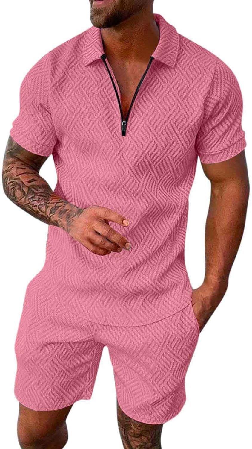 Mens 2 Piece Short Set Summer Casual Vacation Outfits Half Zip Golf Polo Shirts Drawstring Pocket Track Suits