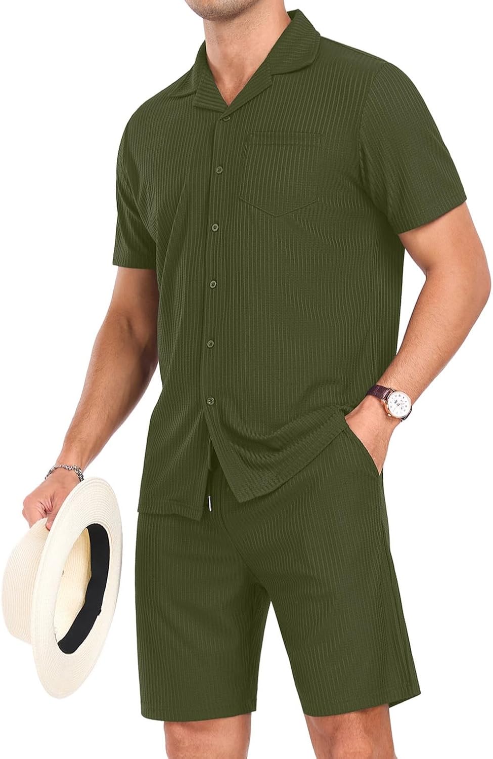 PrinStory Mens Short Sleeve Outfits 2 Piece Summer Beach Button Down Shirts and Shorts Set Tracksuit with Pockets