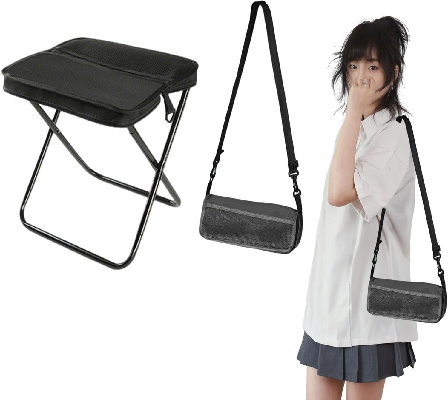 Foldable Backpack Stool, a Portable Stool for Mountaineering and Hiking, Equipped with Adjustable Shoulder Straps, Supporting Crossbody or Handheld use for Outdoor travel, Camping, Parties (Black)