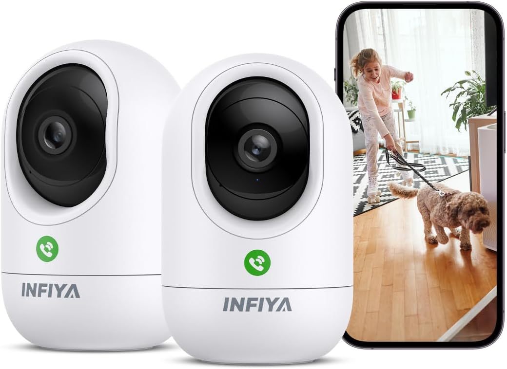 INFIYA 360° PTZ One-Tap Call Indoor Camera 2.4GHz Baby Pet Monitor, 2Pack | 360° PTZ, Intelligent Track, One-Tap Call, 2-Way Talk, 7/24 continuous recording,Work with Alexa & Google Home, 2.4Ghz Only