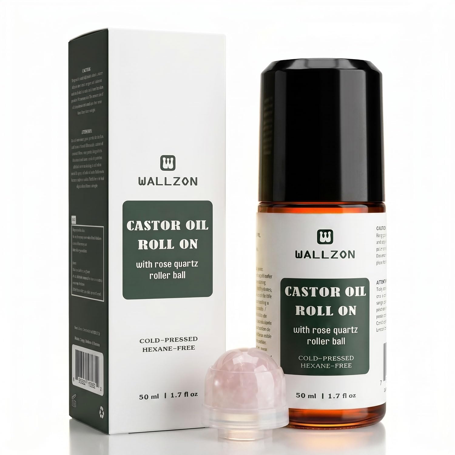Roll on Castor Oil with Rose Quartz Roller for Face, Organic, 50ml | For Face, Eye Lashes and Brows Nourishing, Moisturizing for Skin Care, Hair Care, Cold Pressed, Refillable Amber Glass